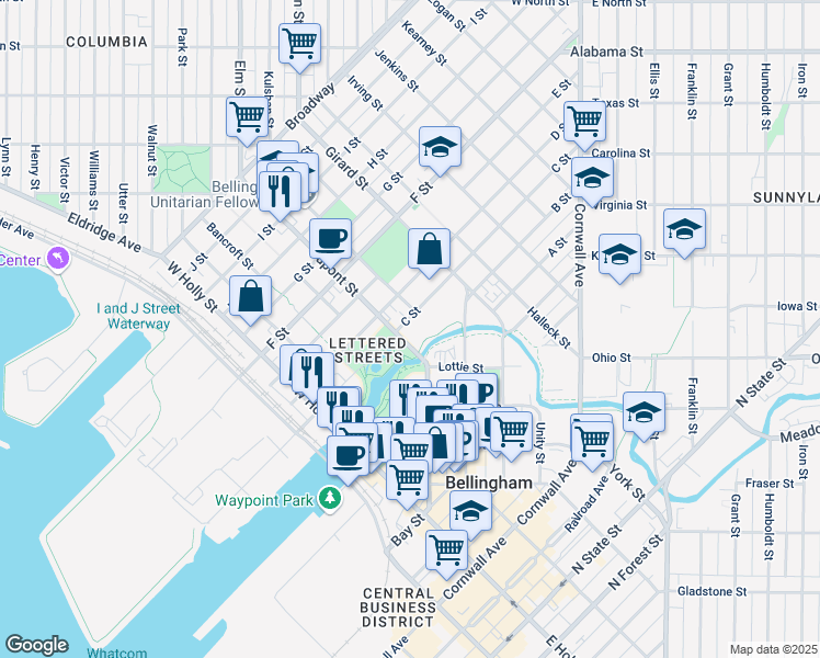 map of restaurants, bars, coffee shops, grocery stores, and more near 1800 C Street in Bellingham