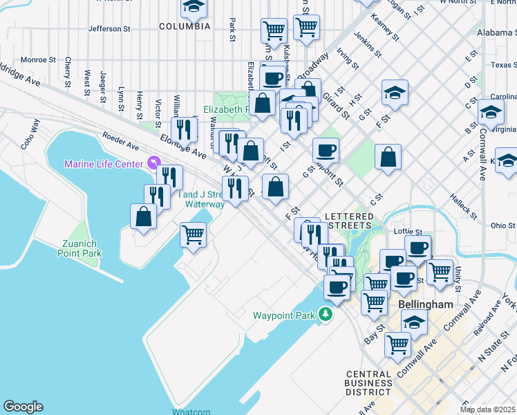 map of restaurants, bars, coffee shops, grocery stores, and more near 1106 West Holly Street in Bellingham