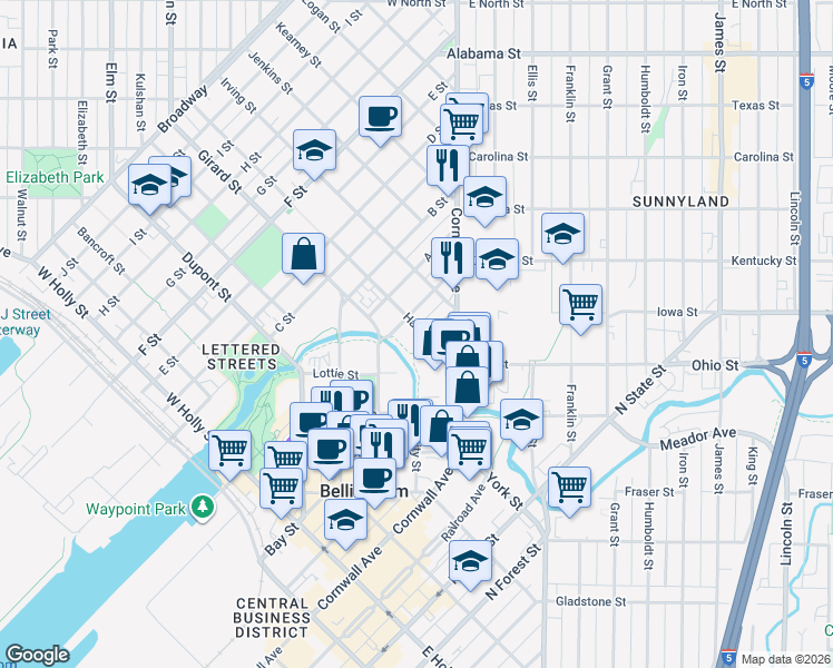map of restaurants, bars, coffee shops, grocery stores, and more near 315 New Street in Bellingham