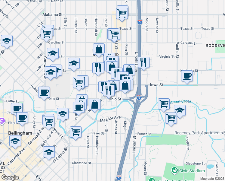 map of restaurants, bars, coffee shops, grocery stores, and more near in Bellingham