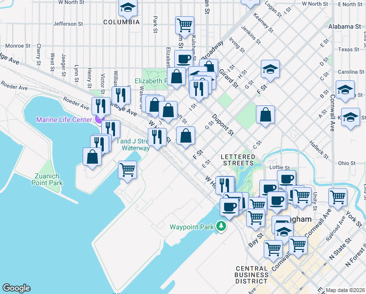map of restaurants, bars, coffee shops, grocery stores, and more near 1106 West Holly Street in Bellingham
