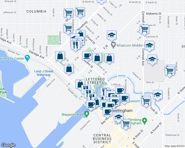 map of restaurants, bars, coffee shops, grocery stores, and more near 1608 E Street in Bellingham