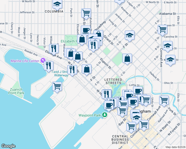 map of restaurants, bars, coffee shops, grocery stores, and more near 1000 Astor Street in Bellingham