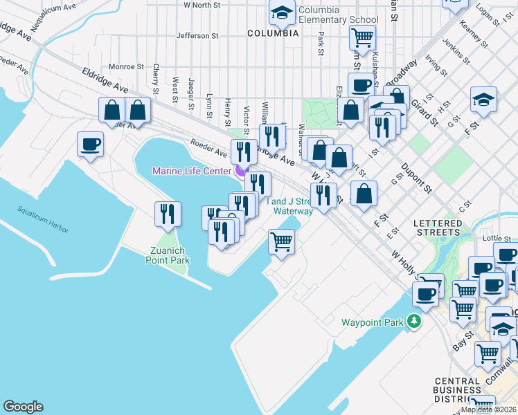 map of restaurants, bars, coffee shops, grocery stores, and more near 25 Bellwether Way in Bellingham