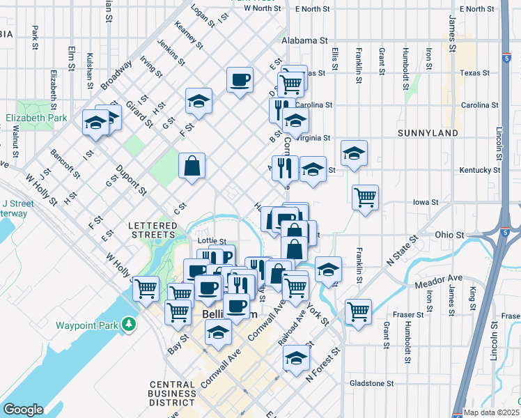 map of restaurants, bars, coffee shops, grocery stores, and more near 315 New Street in Bellingham