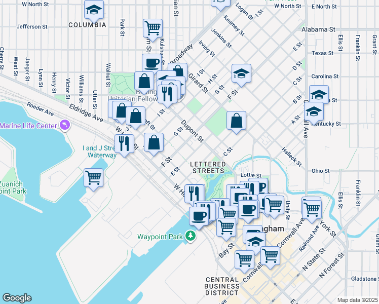 map of restaurants, bars, coffee shops, grocery stores, and more near 1503 E Street in Bellingham