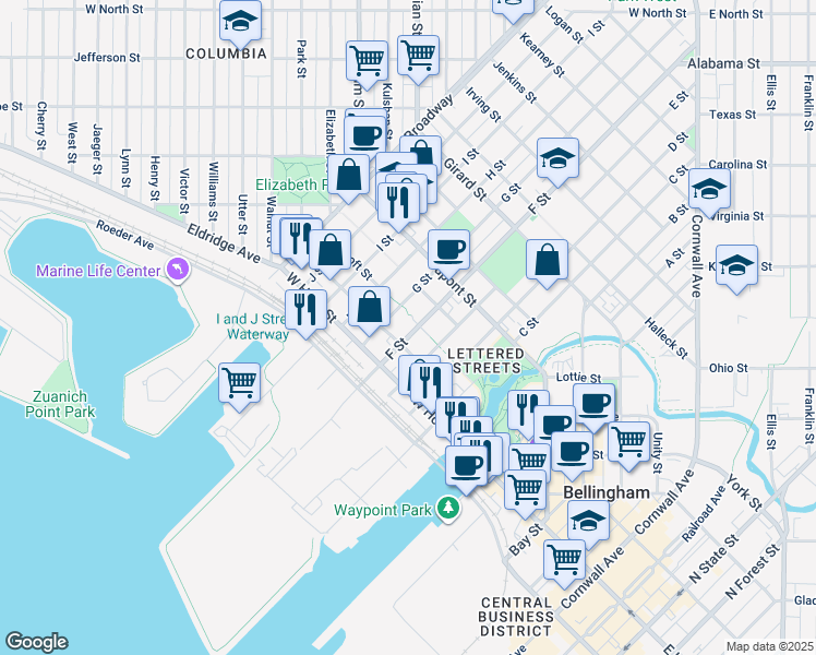 map of restaurants, bars, coffee shops, grocery stores, and more near 1000 Astor Street in Bellingham