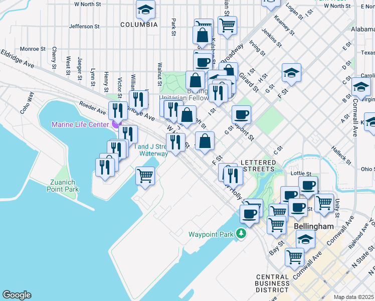 map of restaurants, bars, coffee shops, grocery stores, and more near in Bellingham
