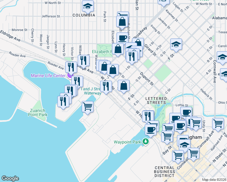 map of restaurants, bars, coffee shops, grocery stores, and more near 208 East Holly Street in Bellingham