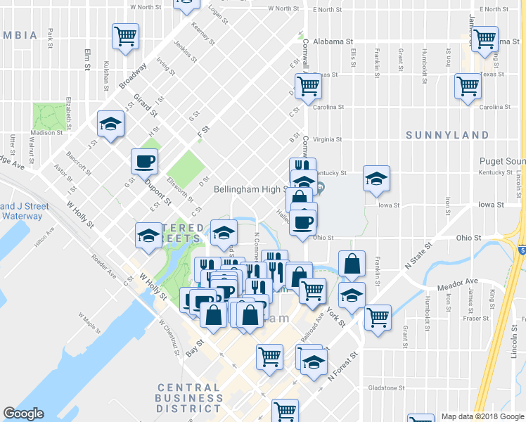 map of restaurants, bars, coffee shops, grocery stores, and more near 2011 Young Street in Bellingham