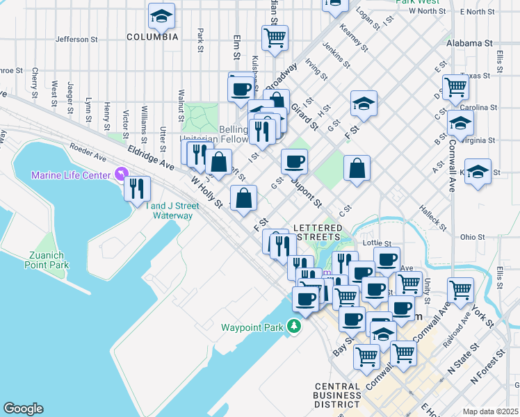 map of restaurants, bars, coffee shops, grocery stores, and more near 1000 Astor Street in Bellingham