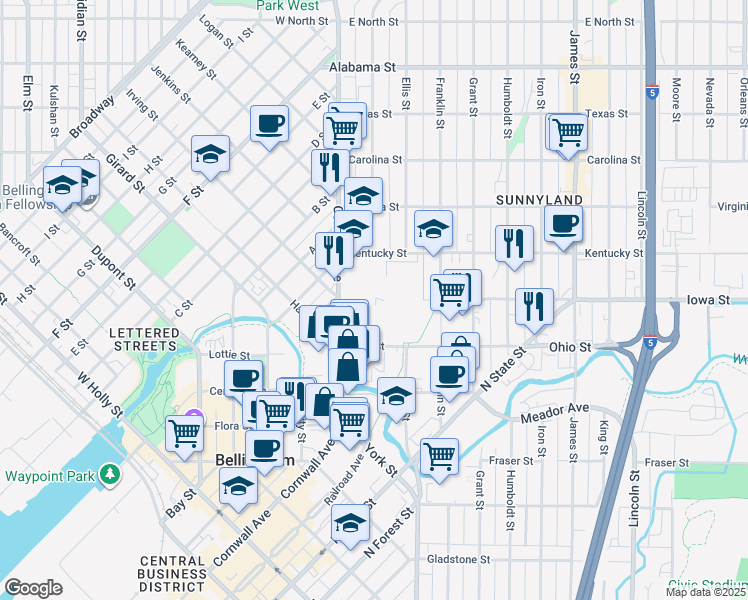 map of restaurants, bars, coffee shops, grocery stores, and more near 2020 Cornwall Avenue in Bellingham