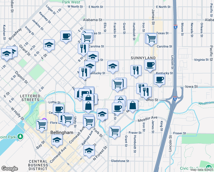 map of restaurants, bars, coffee shops, grocery stores, and more near 320 Iowa Street in Bellingham