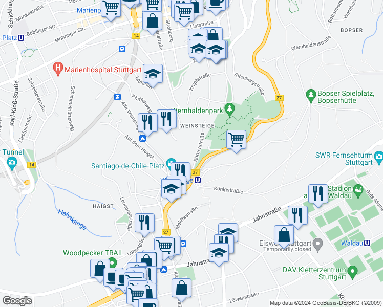 map of restaurants, bars, coffee shops, grocery stores, and more near 128 Römerstraße in Stuttgart