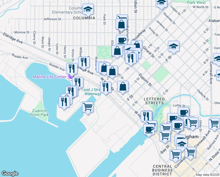 map of restaurants, bars, coffee shops, grocery stores, and more near in Bellingham