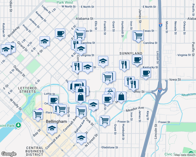 map of restaurants, bars, coffee shops, grocery stores, and more near 2015 Franklin Street in Bellingham