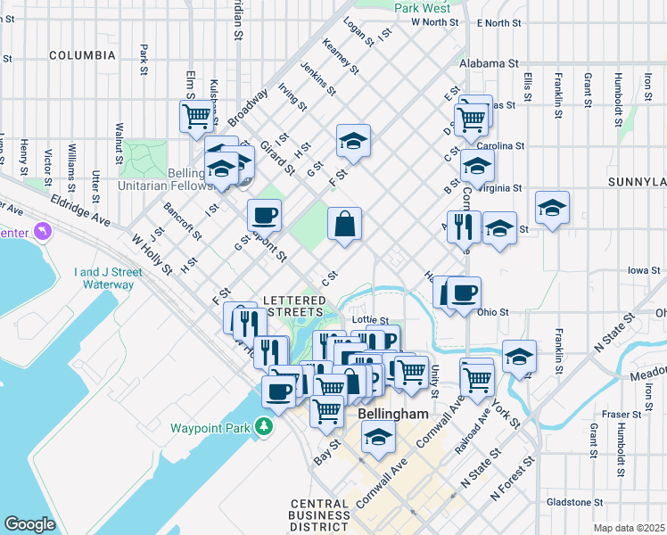 map of restaurants, bars, coffee shops, grocery stores, and more near 1800 C Street in Bellingham