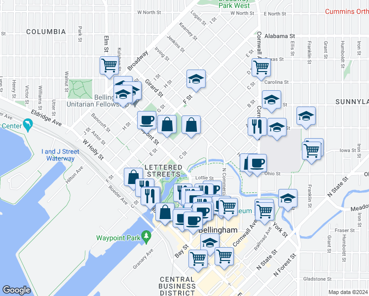 map of restaurants, bars, coffee shops, grocery stores, and more near 1800 C Street in Bellingham