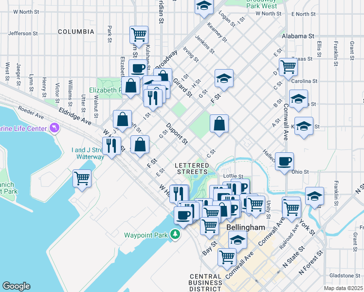 map of restaurants, bars, coffee shops, grocery stores, and more near 1608 E Street in Bellingham