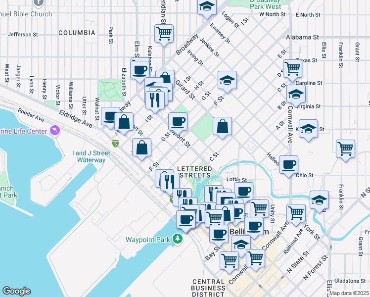 map of restaurants, bars, coffee shops, grocery stores, and more near 1611 E Street in Bellingham