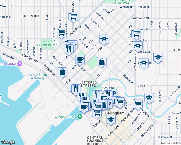 map of restaurants, bars, coffee shops, grocery stores, and more near 804 Dupont Street in Bellingham