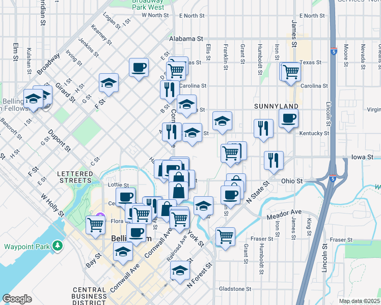 map of restaurants, bars, coffee shops, grocery stores, and more near 2020 Cornwall Avenue in Bellingham