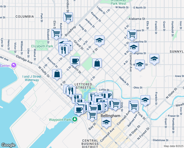 map of restaurants, bars, coffee shops, grocery stores, and more near in Bellingham