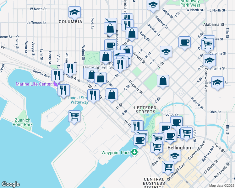 map of restaurants, bars, coffee shops, grocery stores, and more near 1505 G Street in Bellingham