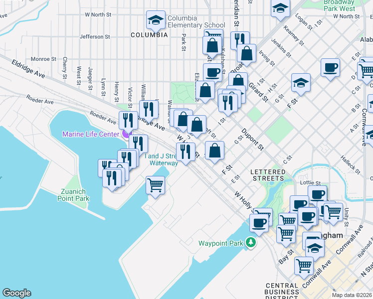 map of restaurants, bars, coffee shops, grocery stores, and more near 1319 Astor Street in Bellingham