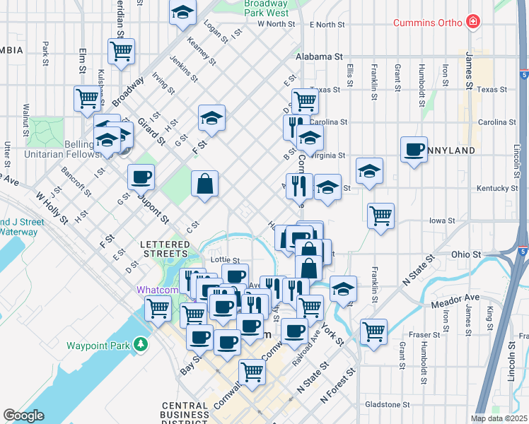 map of restaurants, bars, coffee shops, grocery stores, and more near 2106 B Street in Bellingham