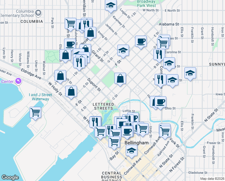 map of restaurants, bars, coffee shops, grocery stores, and more near 1805 D Street in Bellingham