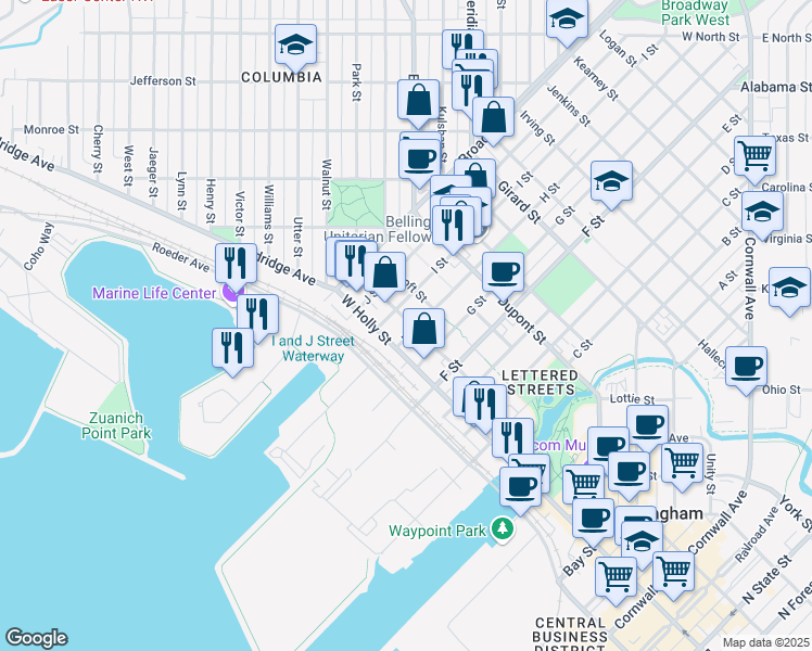 map of restaurants, bars, coffee shops, grocery stores, and more near 1408 I Street in Bellingham