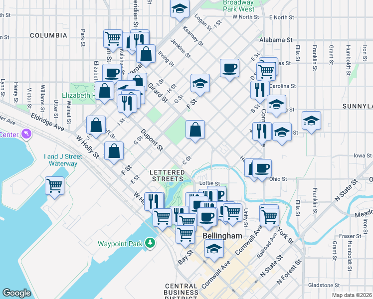 map of restaurants, bars, coffee shops, grocery stores, and more near 1805 D Street in Bellingham