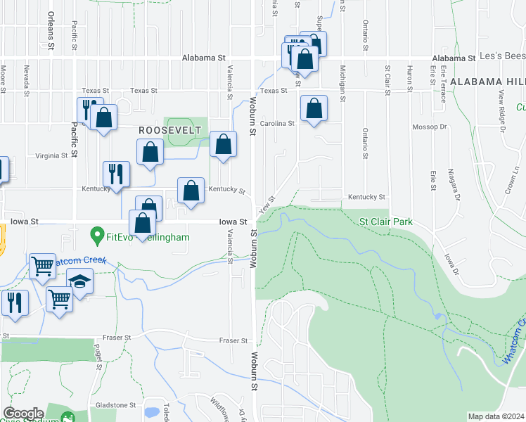 map of restaurants, bars, coffee shops, grocery stores, and more near 2023 Yew Street in Bellingham