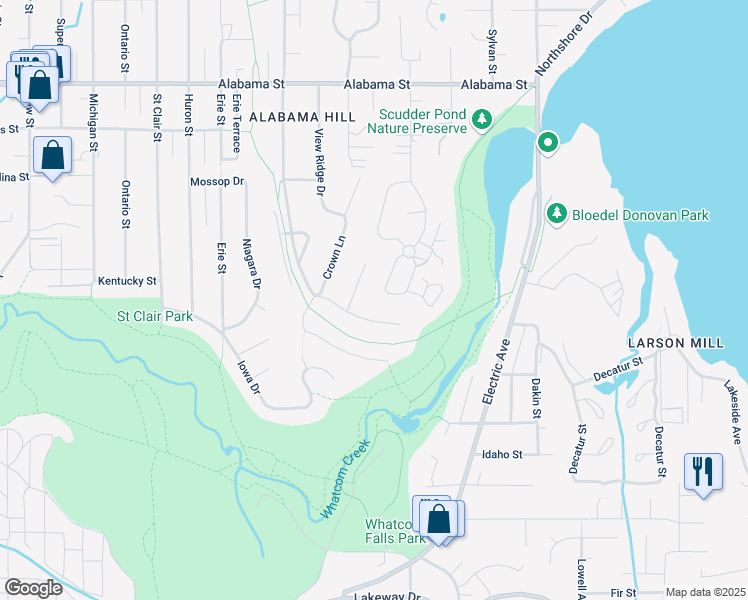 map of restaurants, bars, coffee shops, grocery stores, and more near 112 Crestline Drive in Bellingham