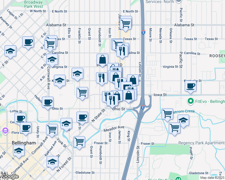 map of restaurants, bars, coffee shops, grocery stores, and more near 2036 Iron Street in Bellingham