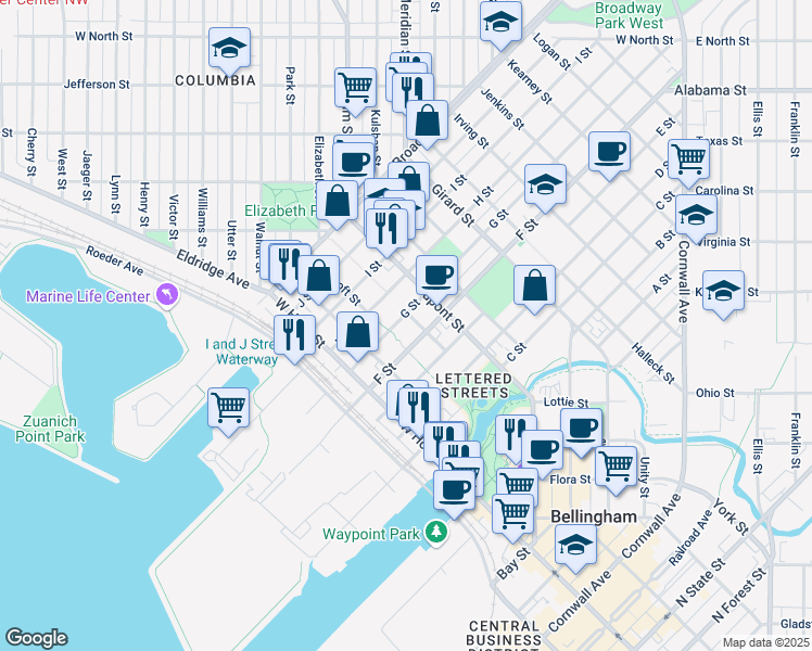 map of restaurants, bars, coffee shops, grocery stores, and more near 1610 G Street in Bellingham