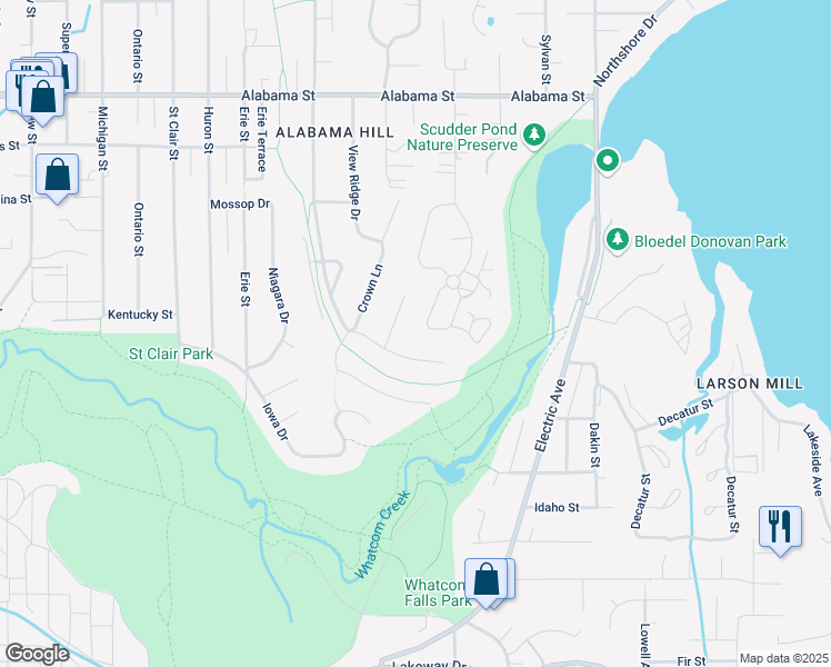 map of restaurants, bars, coffee shops, grocery stores, and more near 112 Crestline Drive in Bellingham