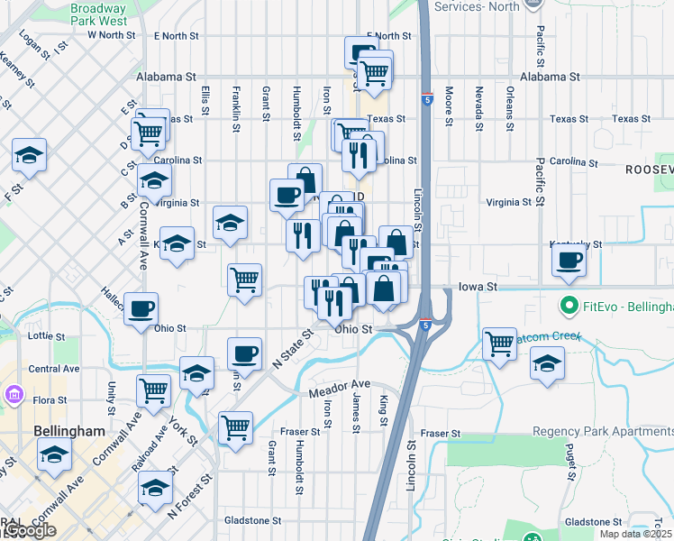 map of restaurants, bars, coffee shops, grocery stores, and more near 2036 Iron Street in Bellingham