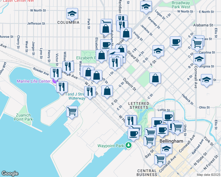 map of restaurants, bars, coffee shops, grocery stores, and more near 1505 G Street in Bellingham