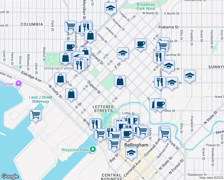 map of restaurants, bars, coffee shops, grocery stores, and more near 1805 D Street in Bellingham
