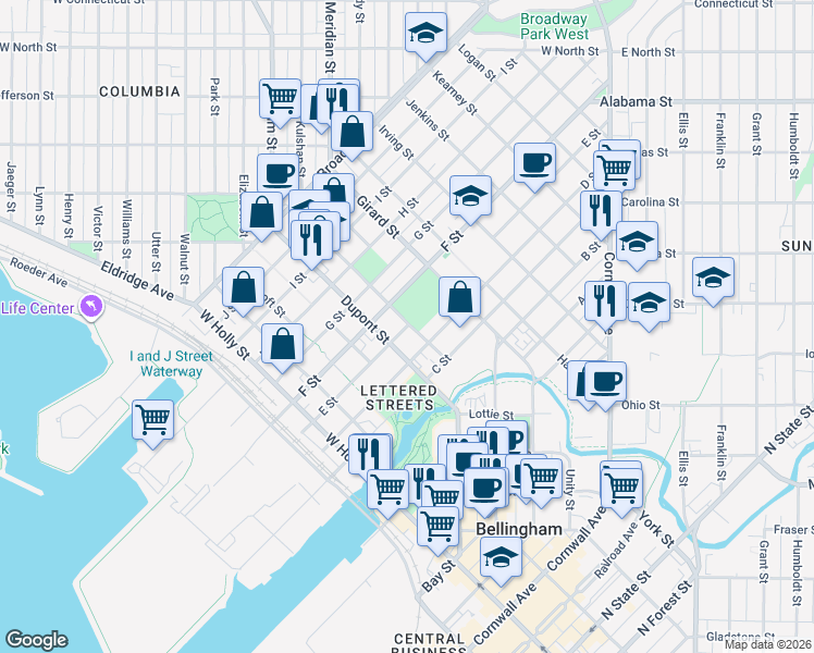 map of restaurants, bars, coffee shops, grocery stores, and more near 1900 E Street in Bellingham