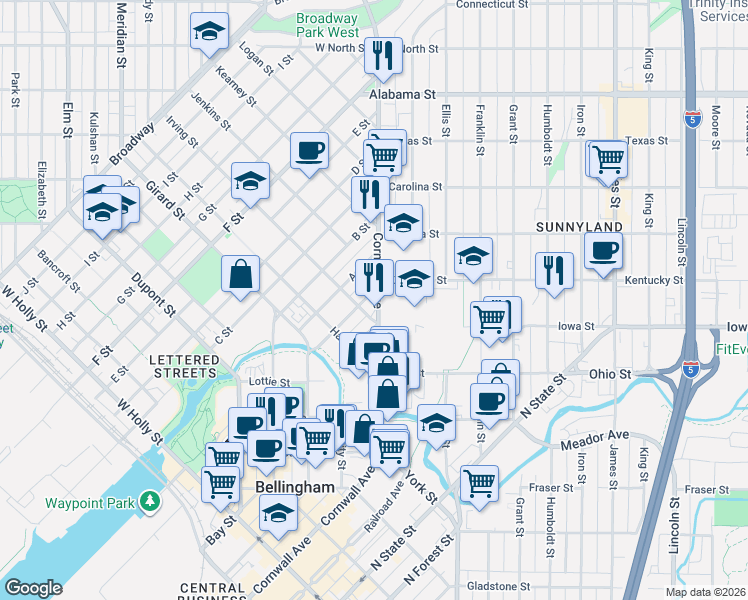 map of restaurants, bars, coffee shops, grocery stores, and more near 2023 Cornwall Avenue in Bellingham