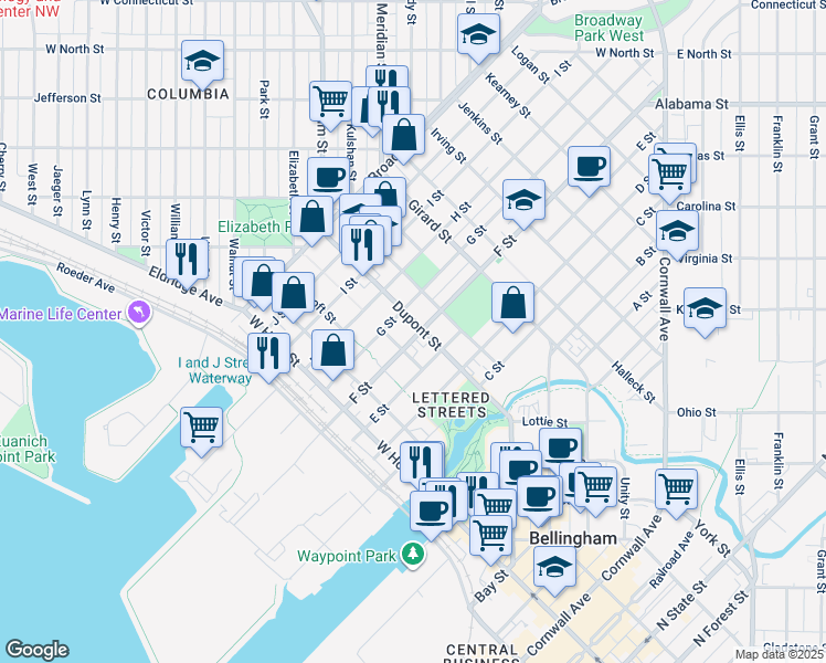 map of restaurants, bars, coffee shops, grocery stores, and more near 1610 G Street in Bellingham