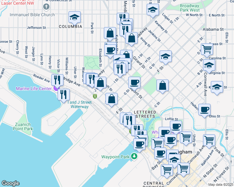 map of restaurants, bars, coffee shops, grocery stores, and more near 1505 G Street in Bellingham