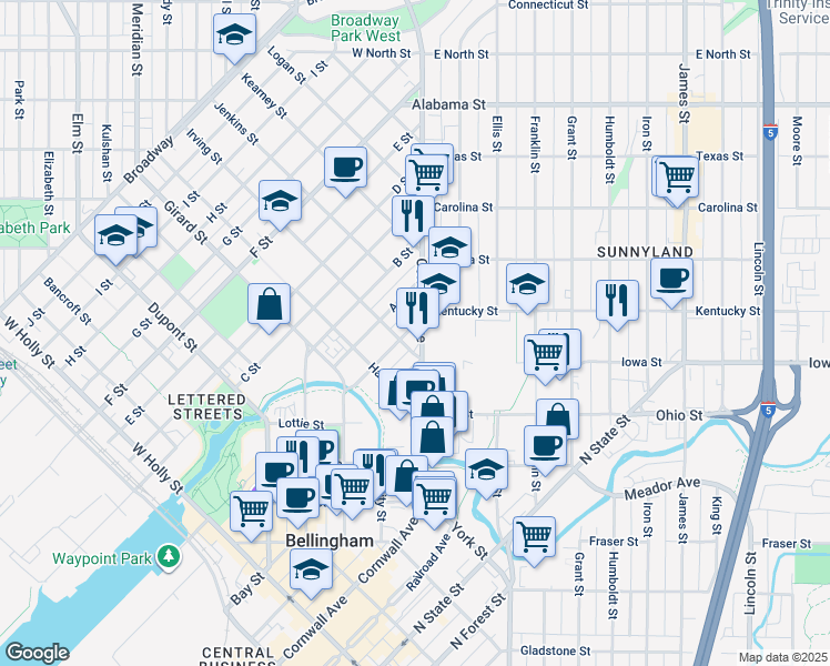 map of restaurants, bars, coffee shops, grocery stores, and more near 2019 Cornwall Avenue in Bellingham