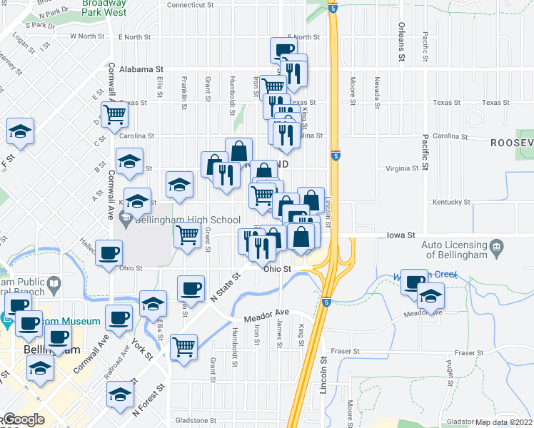 map of restaurants, bars, coffee shops, grocery stores, and more near 2036 Iron Street in Bellingham