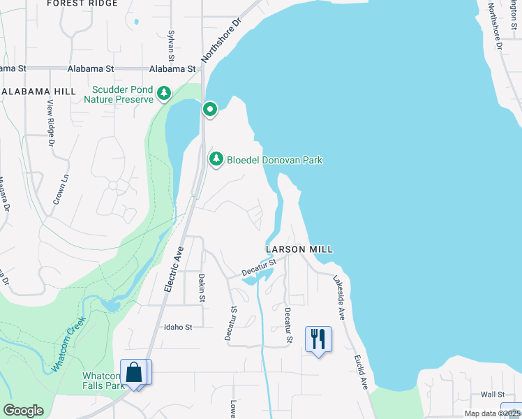 map of restaurants, bars, coffee shops, grocery stores, and more near 2100 Electric Avenue in Bellingham