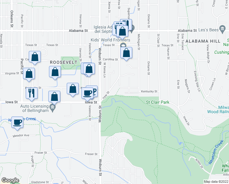 map of restaurants, bars, coffee shops, grocery stores, and more near 2101 Yew Street in Bellingham