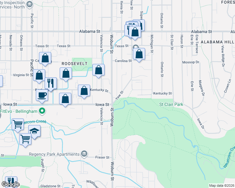 map of restaurants, bars, coffee shops, grocery stores, and more near 2024 West Xenia Lane in Bellingham